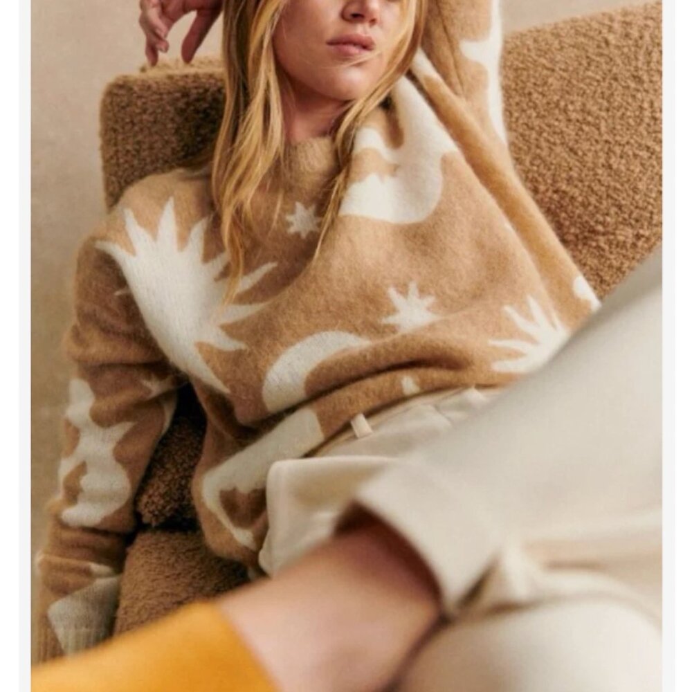 Sézane Pangea Camel and Cream Star & Moon Pattern Sweater